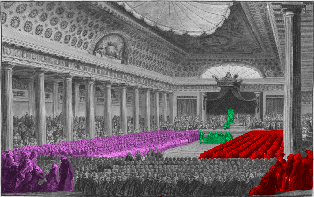 An oil painting of the Estates General in 5 May 1789, with sections highlighted in purple (for the right-wing monarchists), red (for the left-wing bourgeoisie), and green (for the King and his officials).